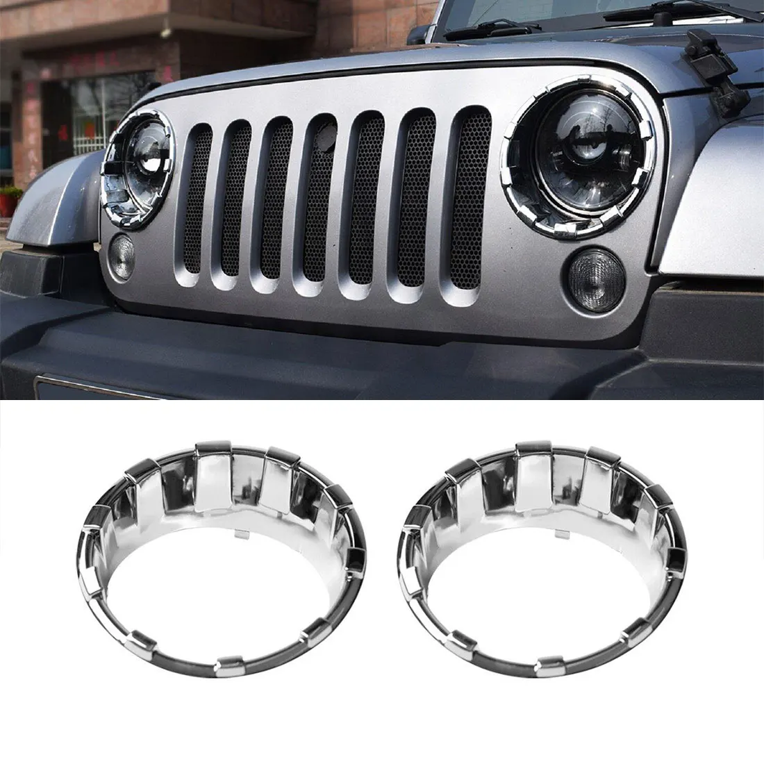 

1Pair Front Chrome Silver Headlight Cover Bezel Trim For Jeep Wrangler JK JKU 2007-2018 ABS