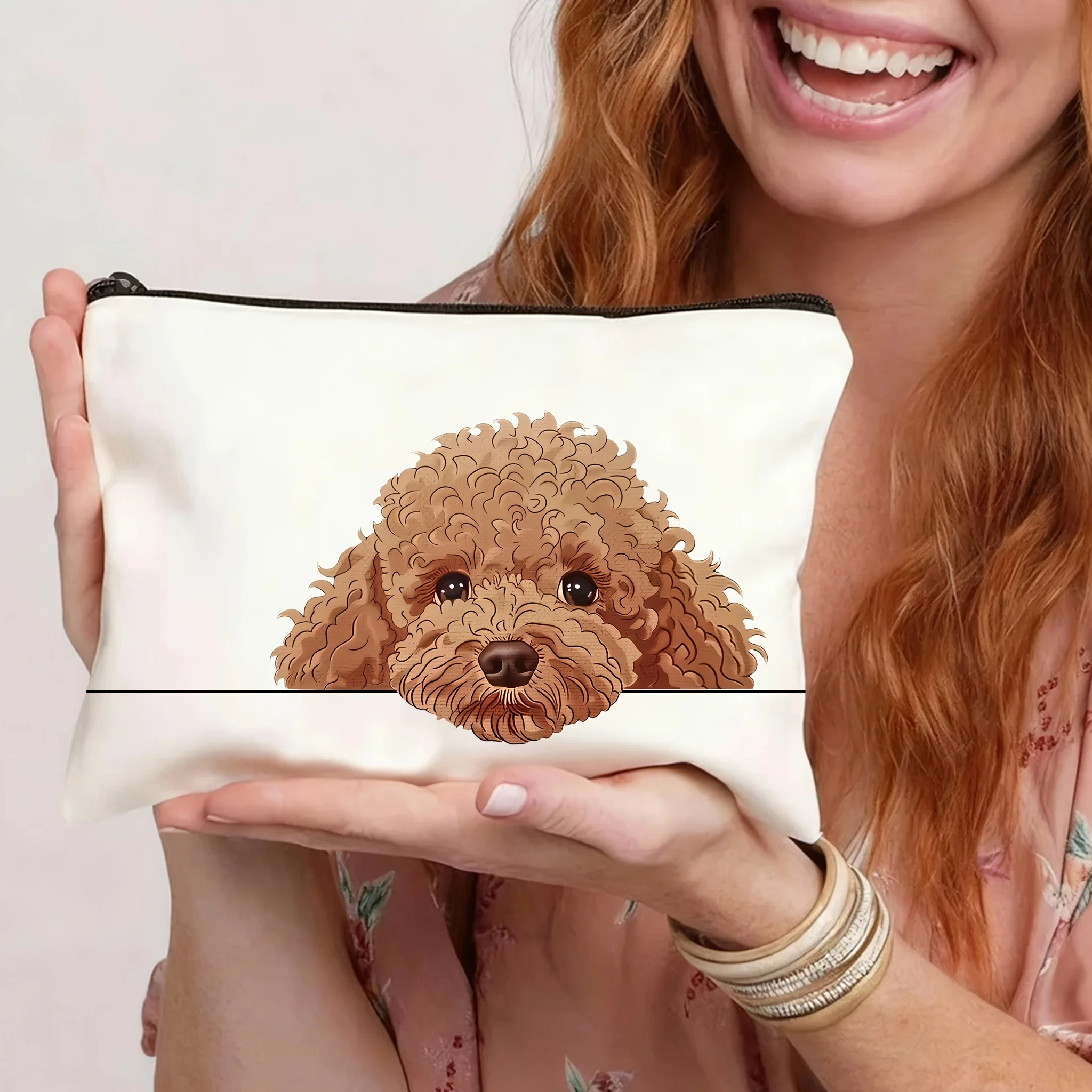 1Pc Cute Teddy Dog Retro Design Makeup Bag, Travel Storage Bag, Snack and Stationery Storage Bag, Zipper Closure Canvas Double-Sided Printed Bag