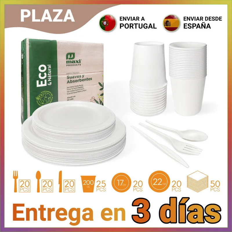 Natural Eco Disposable Tableware Set, Disposable Sugar Cane Paper Plates, Glass Cardboard, Spoon, Fork, Cutlery, 175-piece Package, Eco-friendly 100%, Biodegradable Cardboard Plates and Party