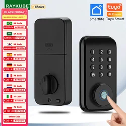RAYKUBE DS02 Tuya BLE Smart Fingerprint Deadbolt Lock with Latch/Door Sensor Auto Lock Key/Password/ Tuya Smartlife APP Unlock