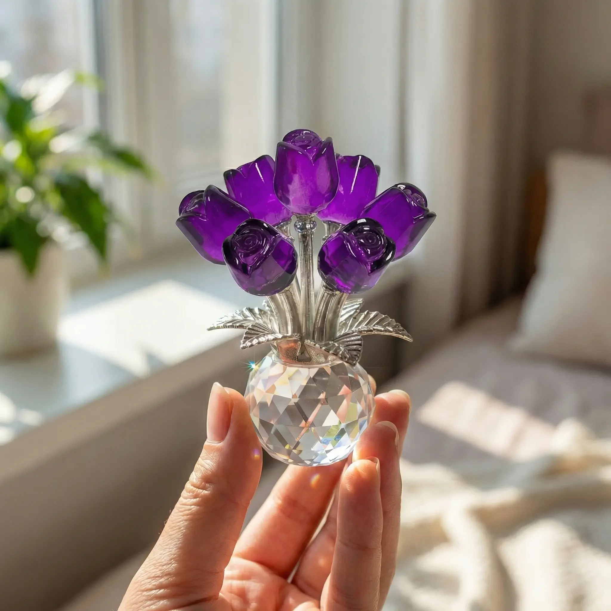 Bunte Kristallrosen-Blumenfigur mit Vase – Handgefertigter K9-Kristallstrauß als Schreibtischdekoration und Geschenk für Frauen zum Vatertag – Detail 4