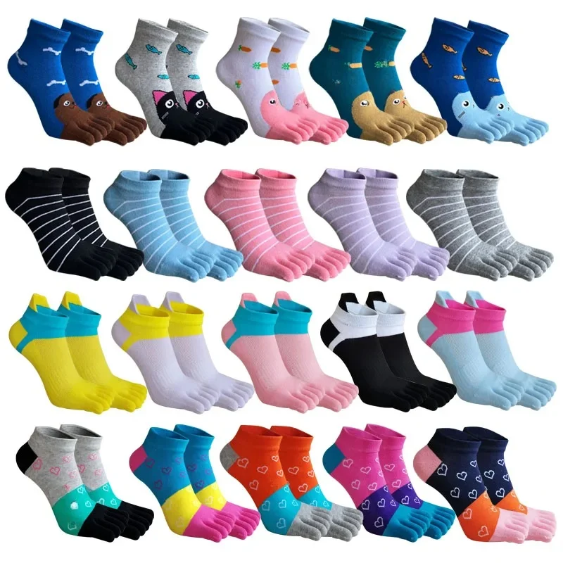 Chaussettes à cinq doigts pour femmes et filles, en coton rayé, absorbant la sueur, mignonnes, décontractées, antibactériennes, respirantes, à la cheville, pour étudiantes