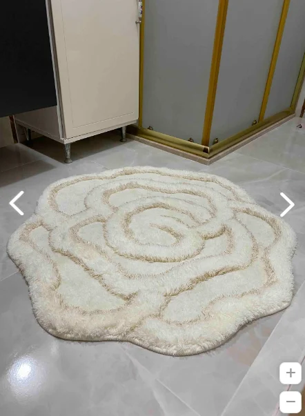 Tufted Fluffy Big Rose Ecru Diameter 90x90 Cm Bathroom Rug Handmade Bath Carpet