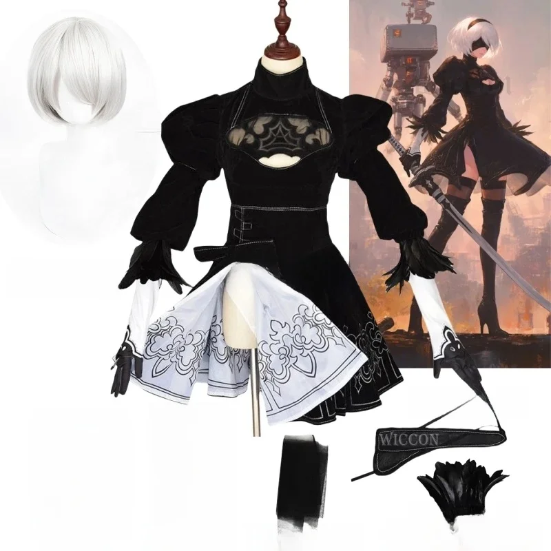 Nier Automata Yorha 2B Cosplay Suit Anime Women Inner Print Outfit Disguise Costume Set Fancy Halloween Girls Party Black Dress — 2