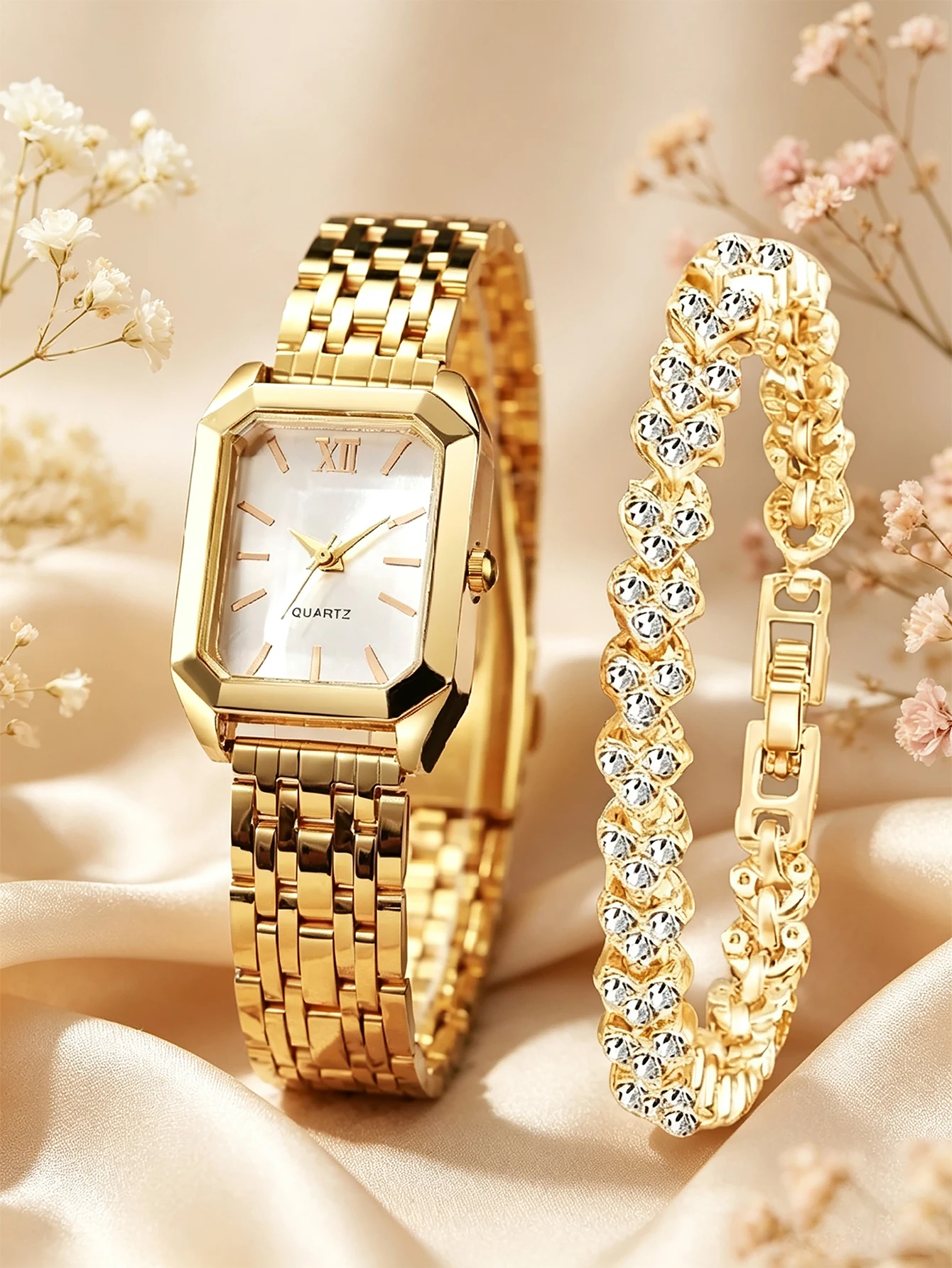 2-Piece Set, Elegant and Fashionable Women's Quartz Watch with a Heart-Shaped Set, Exquisite Accessories for Banquets and Parties, Suitable for Gift Giving.