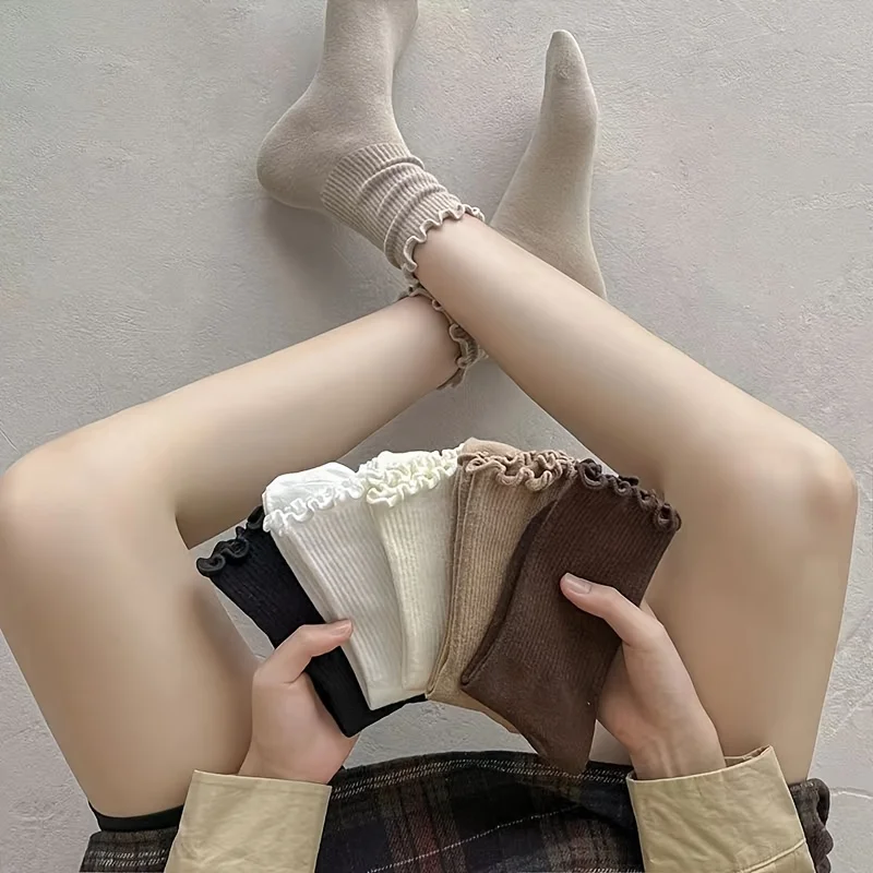 ถุงเท้าผู้หญิงสีพื้นความยาวครึ่งน่อง 12/18 คู่ พร้อมขอบระบาย - เนื้อผ้านุ่มแบบซ้อนได้