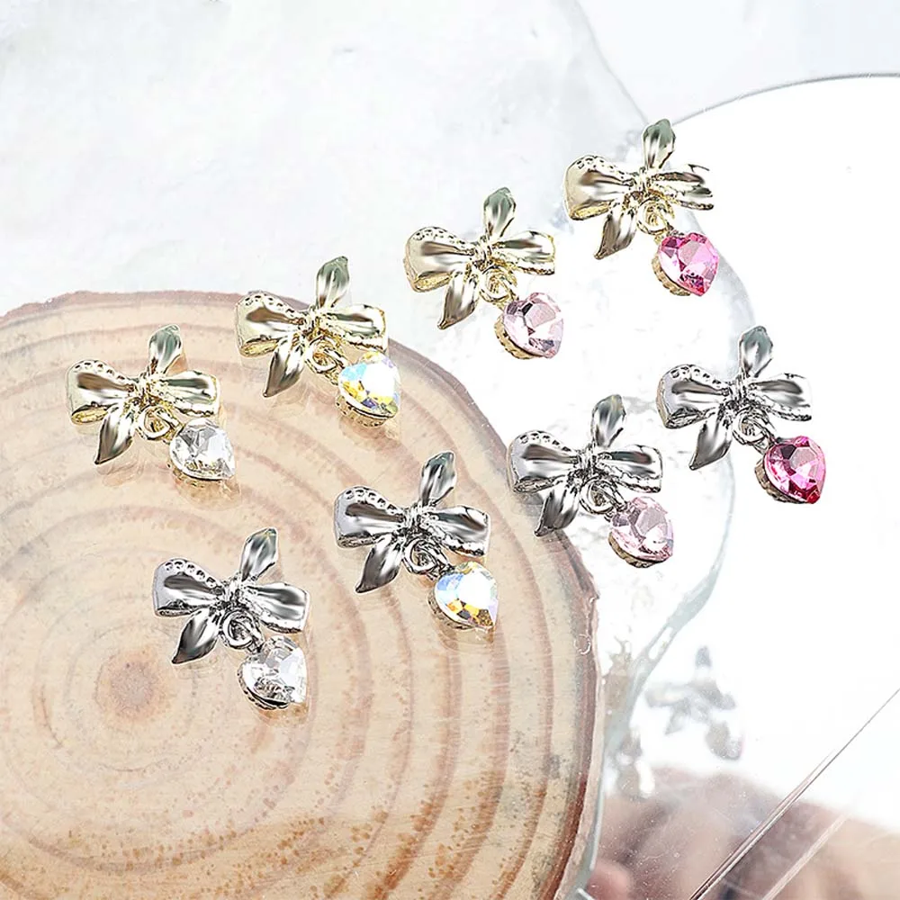 10Pcs New Bow Pendant Nail Art Charms 3D Alloy Bowknot Heart Crystal Metal Nail Decoration Light Luxury DIY Nail Accessories