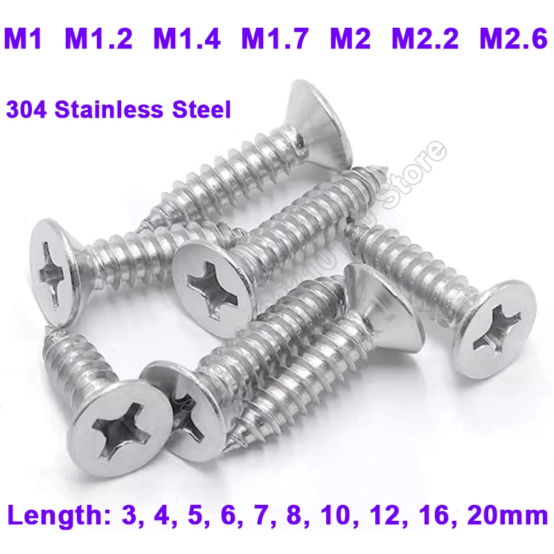 

M1 M1.2 M1.4 M1.7 M2 M2.2 M2.6 304 Stainless Steel Phillips Flat Countersunk Head Self-Tapping Screws Cross Wood Screw L 3-20mm