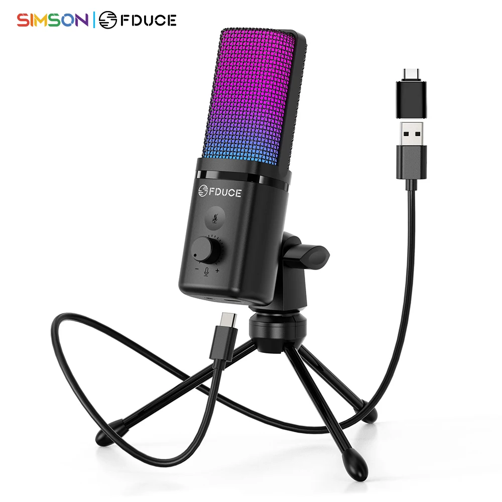 FDUCE M160-RGB USB Gaming Microphone with RGB Dynamic color,Touch Mute Button,Headphone jack,Tripod Shock Mount ,for PC PS5/4