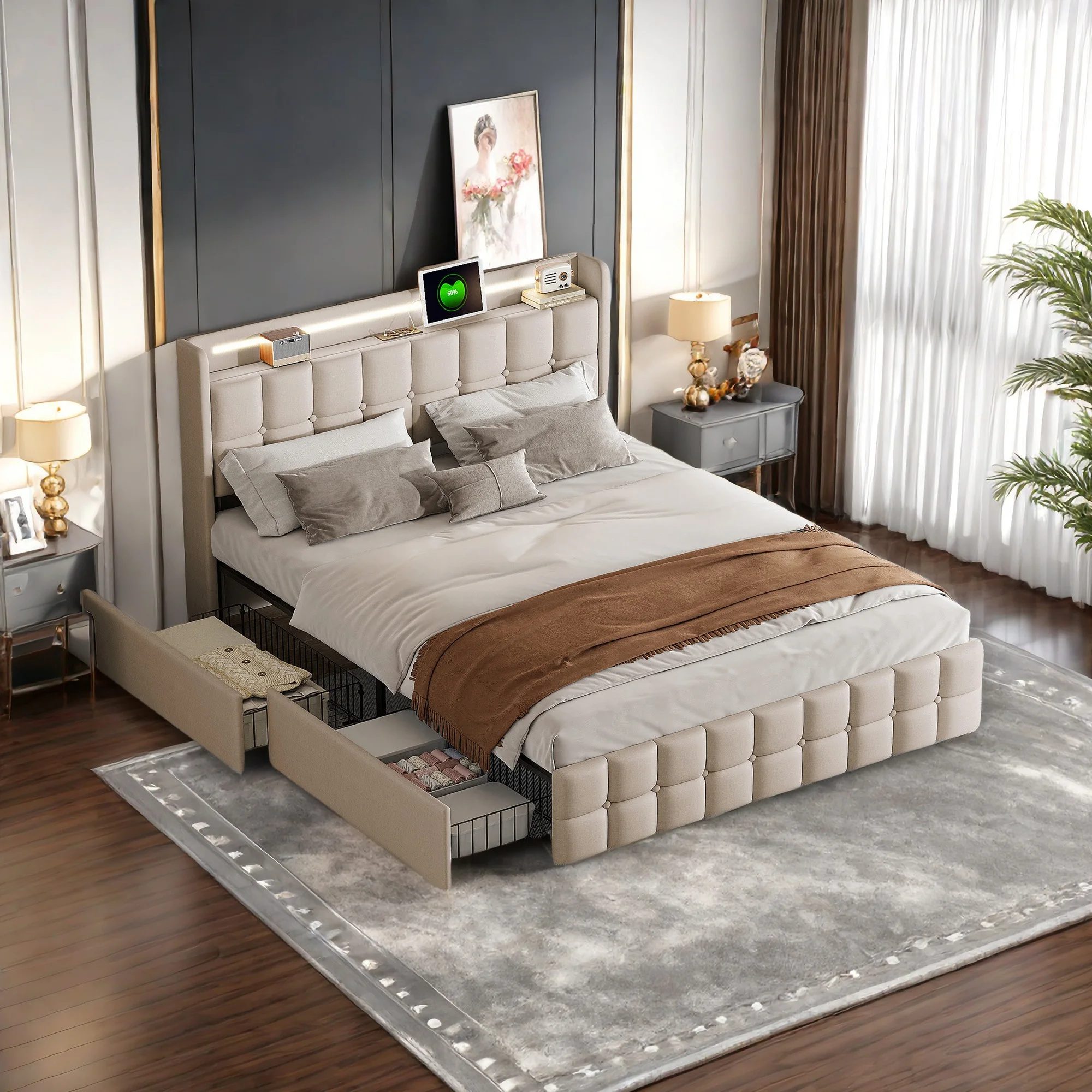 Lazyspace linen padded bed frame with USB charging head and LED lighting and 4 drawers,double bed