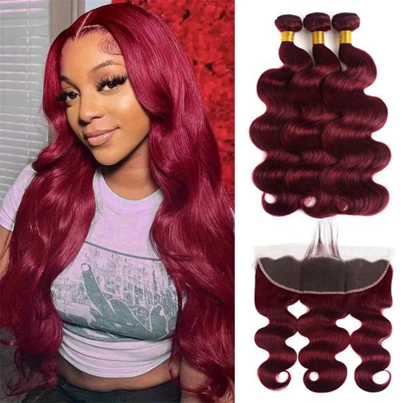 

99J Burgundy Bundles with Frontal Body Wave Wine Red Pre Plucked with Baby Hair 3 Bundles with 13×4 Frontal Brazilian Human Hair