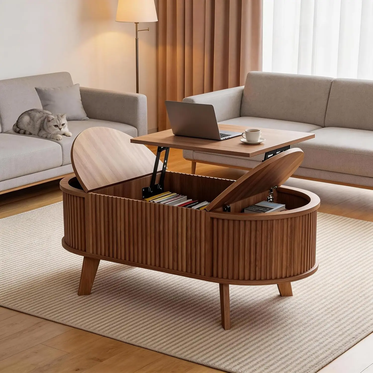 39.4" Oval Fluted Coffee Table with Lift Top, Hidden Storage, Walnut Mid Century Modern Farmhouse Small Center Table for Living Room, Home Office With 3 Compartments image 3