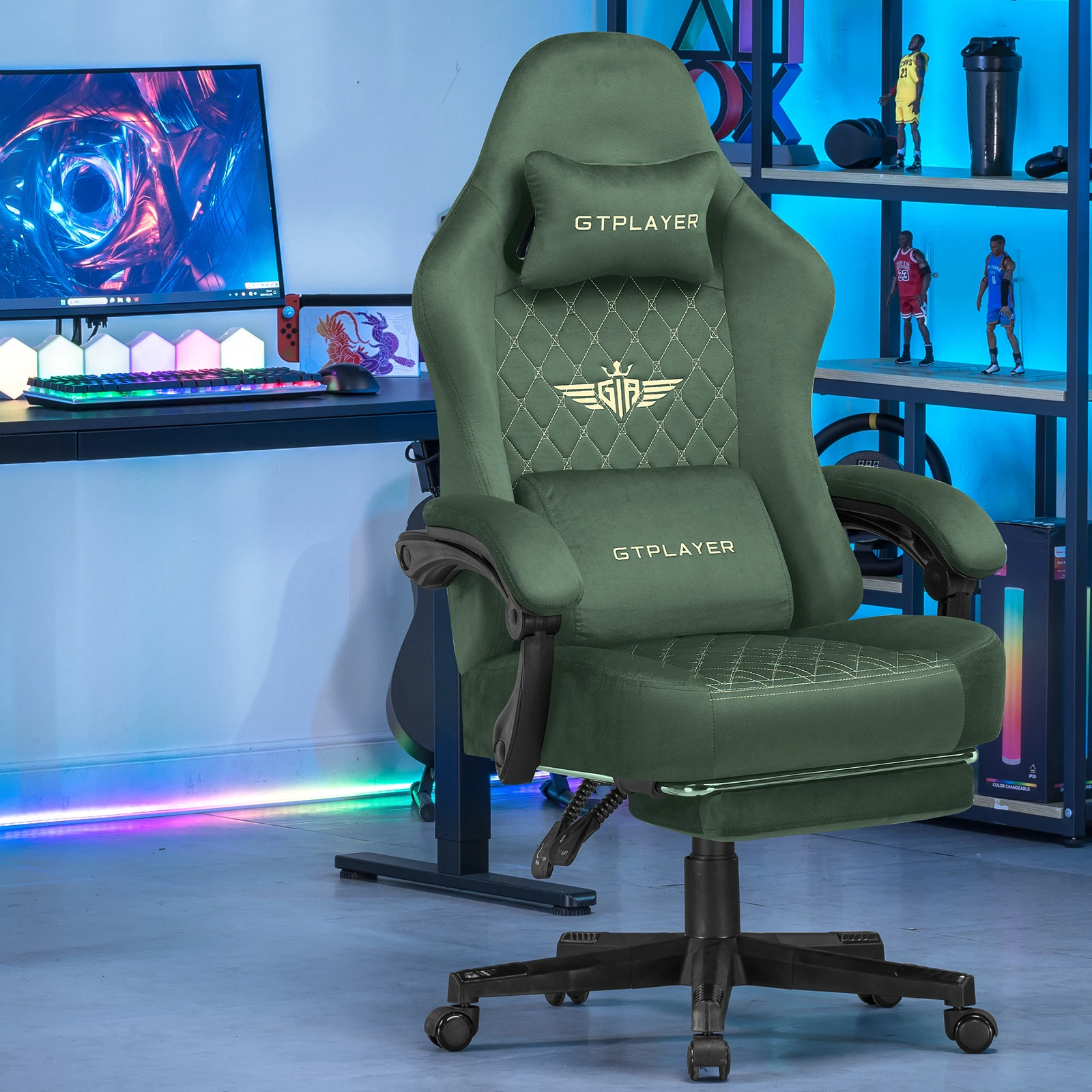 GTPLAYER Gamingstoel van Stof Ergonomisch voor PC met Voetensteun en Verenkussen, 150KG Draagvermogen, Verstelbare en Draaibare Bureaustoel