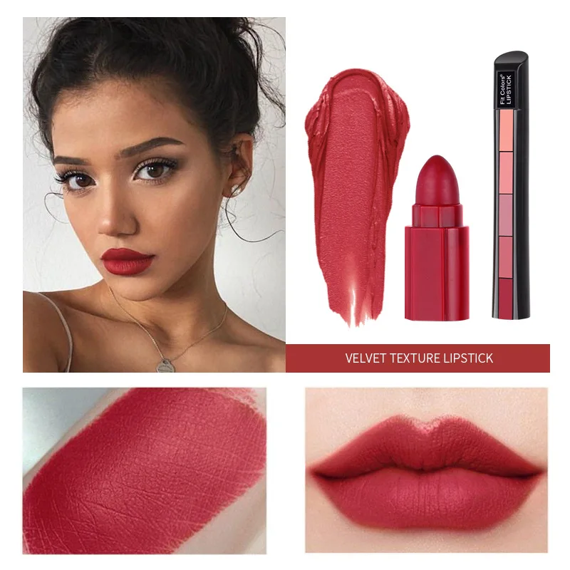 5 In 1 Matte Lipstick Kit Combo Strip Velvet Sexy Red Lip Tint Non-stick Cup Lip Gloss Lip Oil Makeup Lips Cosmetic Set