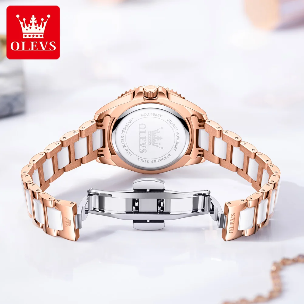 OLEVS 3685 Elegant Diamond  Women's Watch with Ceramics Strap Original Quartz Luxury Ladies Wristwatch Christmas Gift