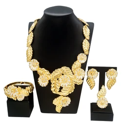 Jewelry Sets For Women 24K Original Gold Plated Bud Necklace Classic Gold Color Bracelet Earrings Wedding Jewelry 4PCS