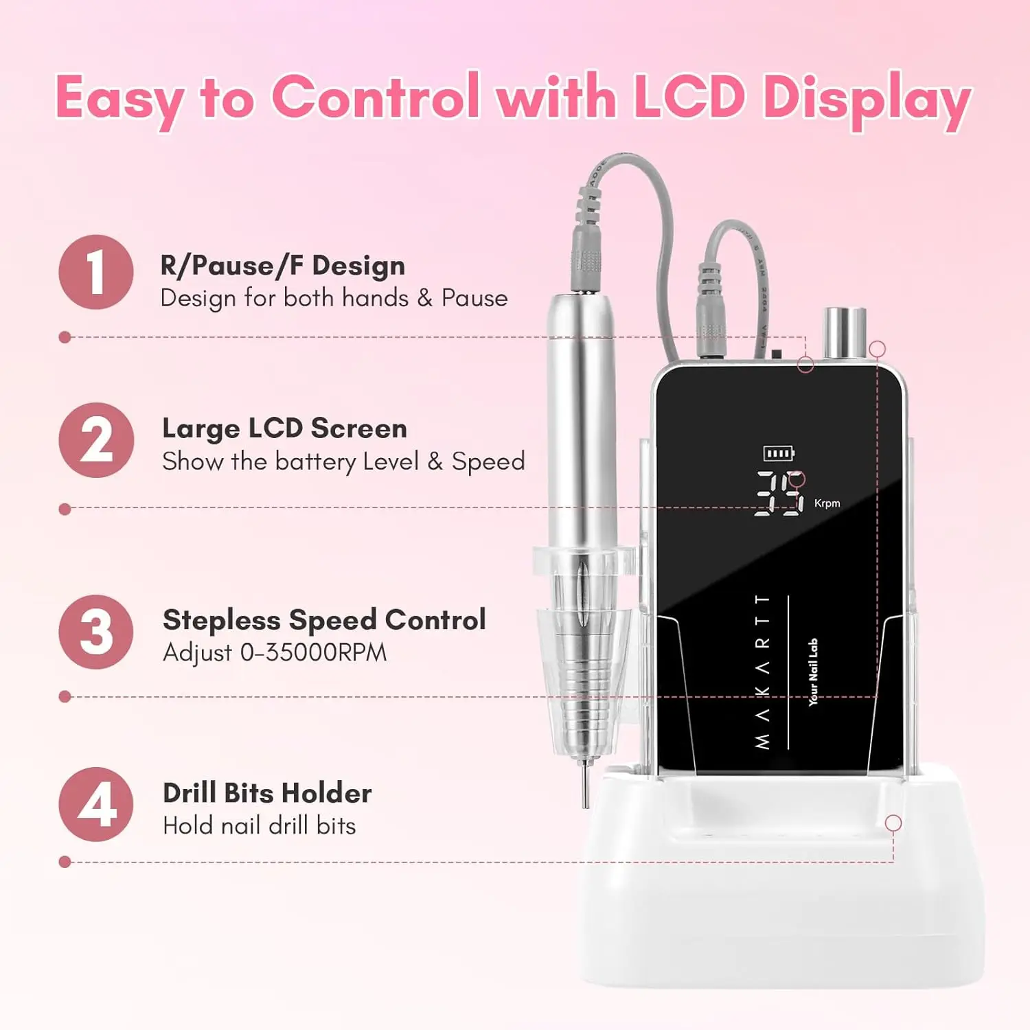 مثقاب أظافر كهربائي من Makartt - إيفيلي قابل لإعادة الشحن بقدرة 35000 دورة في الدقيقة مع محرك بدون قلب، ماكينة تعبئة أظافر محمولة من Nouvella لجل الأظافر