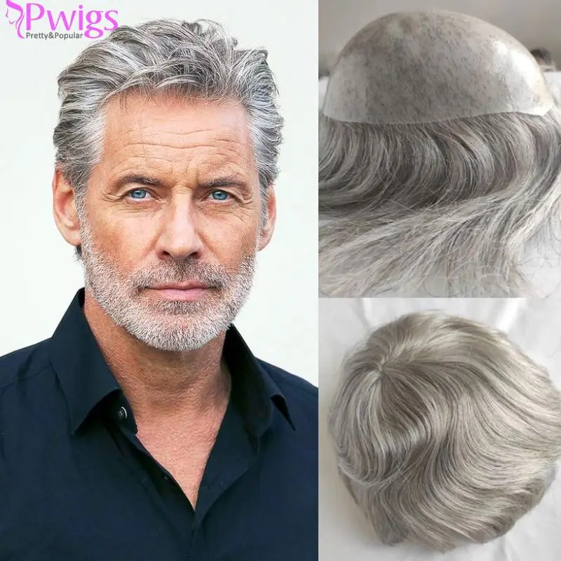 

Pwigs Men Toupee 1B80 (20% Black Human Hair Mixed 80% Synthetic Grey Hair) Super Thin Skin Hair Replacement Full PU Hair System