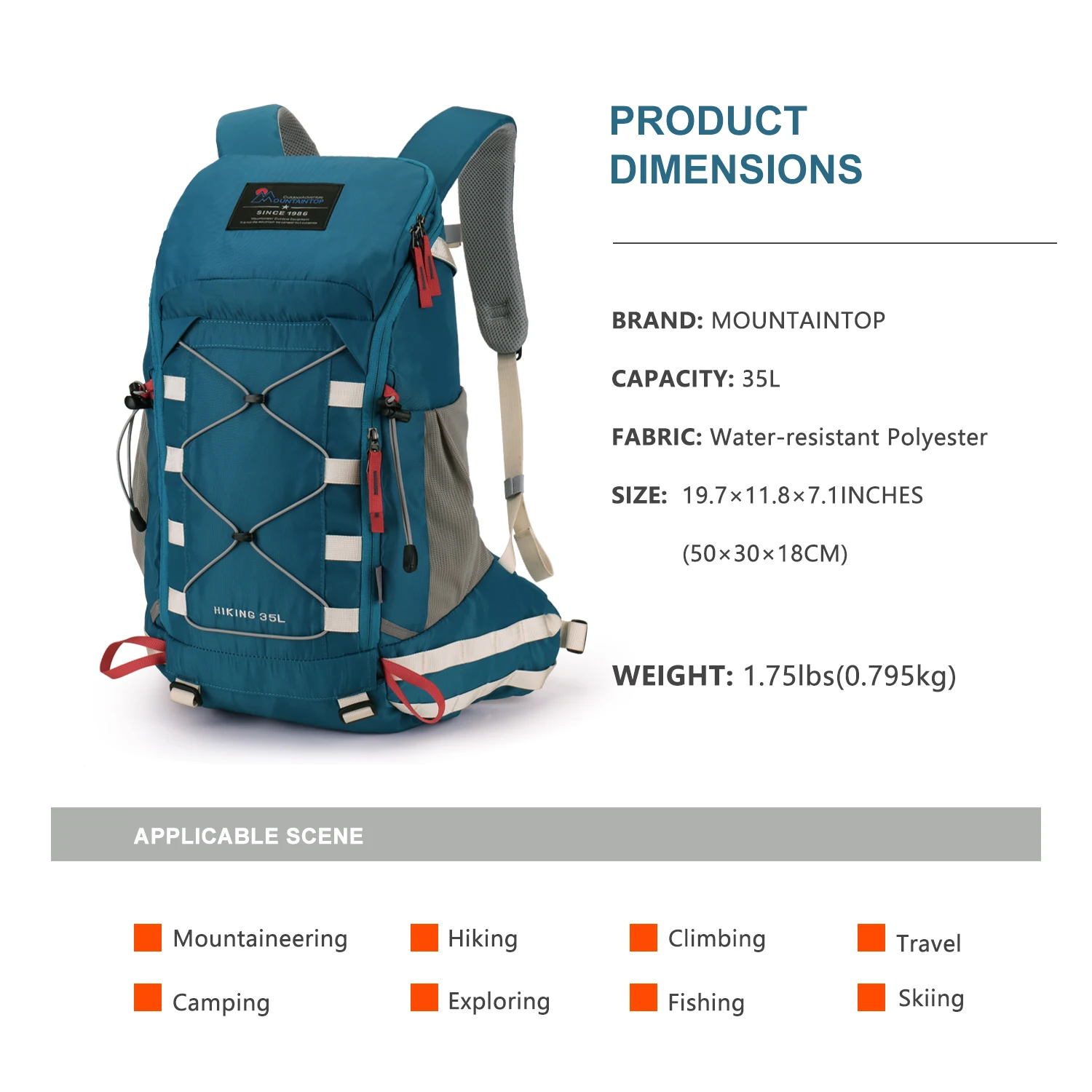 MOUNTAINTOP Hiking Backpack with Rain Cover 35L Polyester Bag Backpacker for Outdoor Sports Camping Travel Climbing Trekking