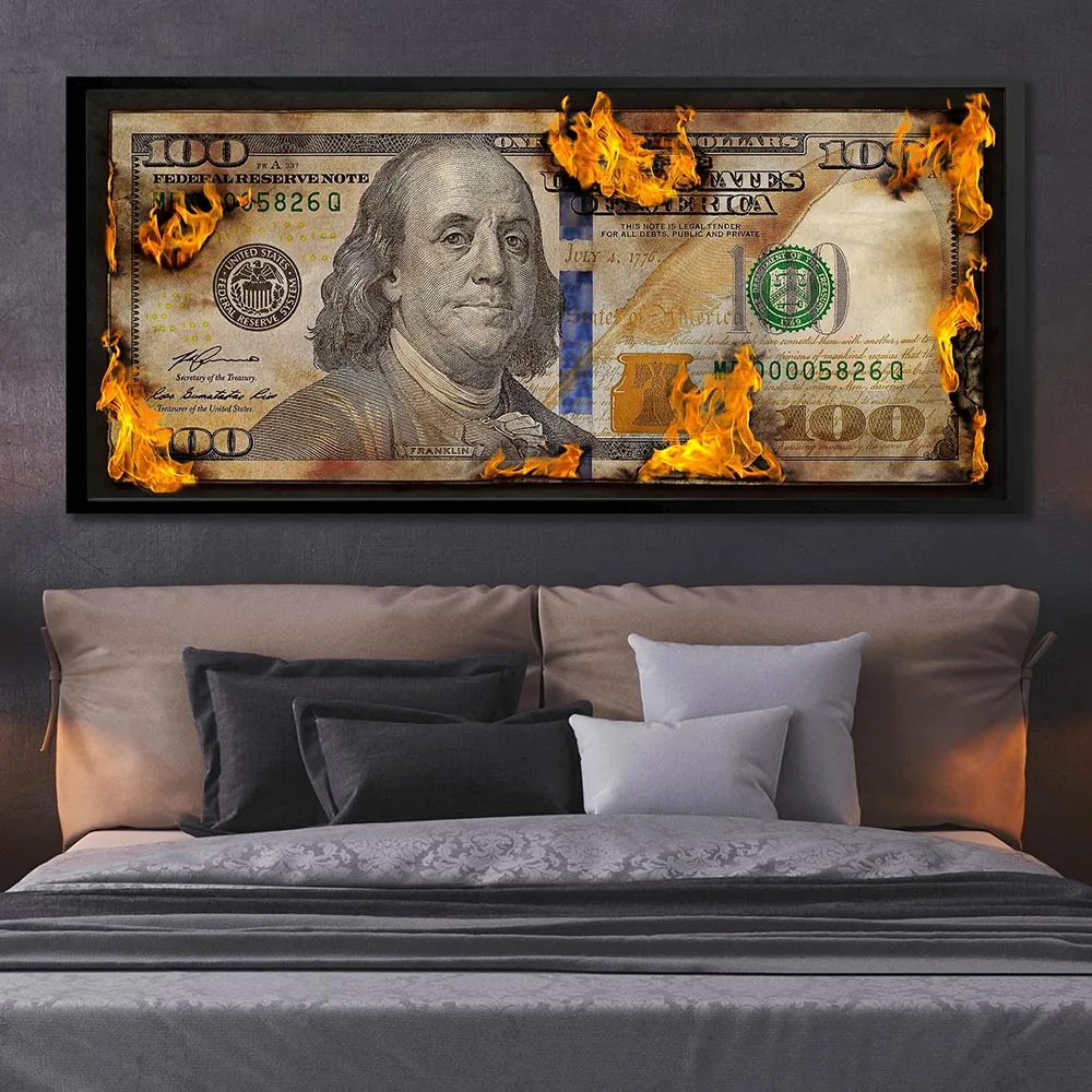 Burning Dollar Decor Painting Design Money Canvas Art Office Bedroom Decor Motivational Wall Art Franklin Posters Prints Murals