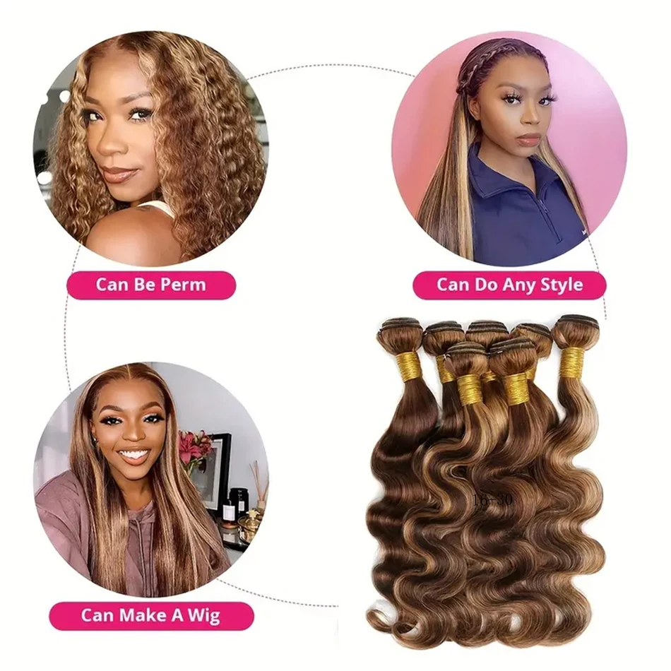 Destaque Body Wave Bundles, Ombre Blonde, Cabelo Humano, Extensões Onduladas, Remy Brasileiro, 3 Pacotes Tecer, P4, 27, 3