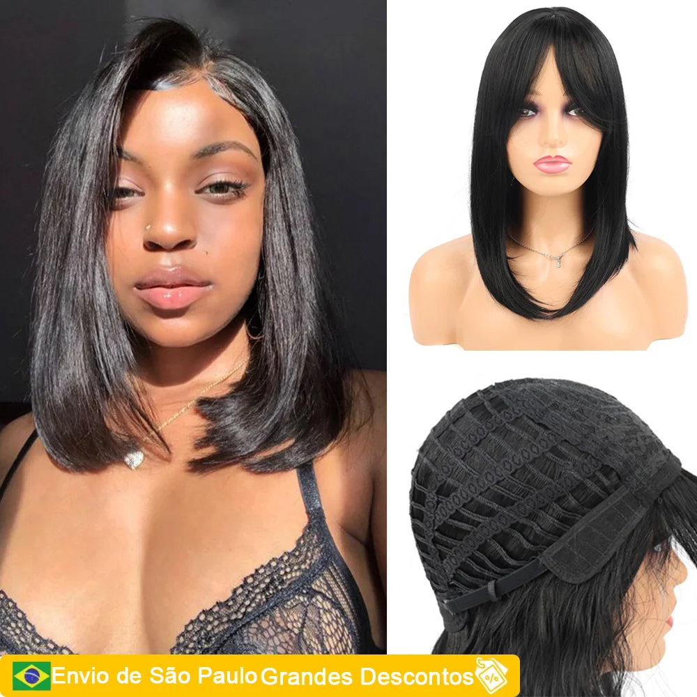 Peruca Curto Liso Cabelo Fibra Orgânica Premium Feminina Natural Cabelo Liso Corte em Camadas Full Identico Humano 50cm 210g