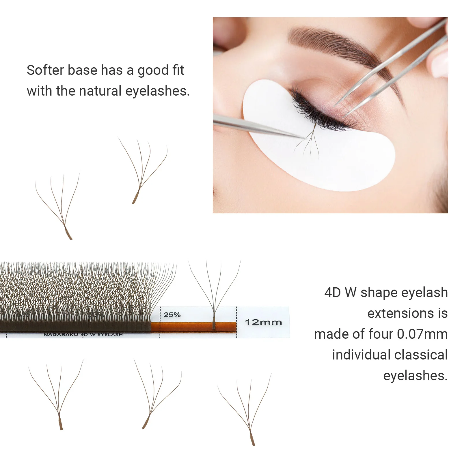 NAGARAKU Braun Dunkelbraun 3D/4D/5D W-Form Handgewebte Vorgefertigte Fächer-Wimpernverlängerungen Volle Wimpern Natürlich Weich Leicht Matt Dicht – Detail 3