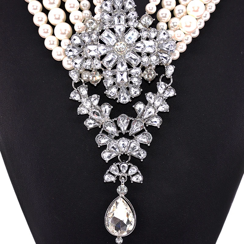 Women Chunky Crystal Rhinestone Bib Pendant Chandelier Imitation Pearl Beaded Layered Statement Wedding Necklace Jewelry Bridal