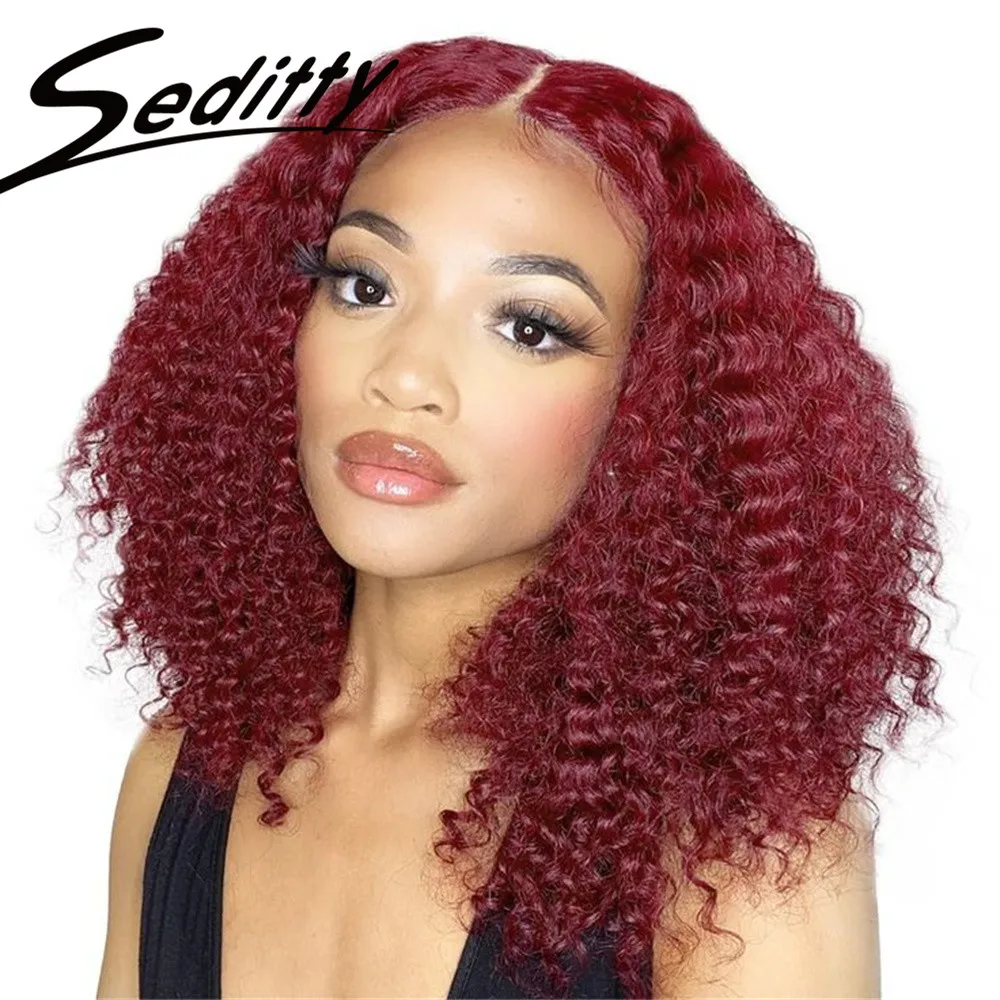 

Deep Wave Bob 99J Burgundy Lace Front Wigs Bob Human Hair 13x4 Lace Frontal Wig Short Bob Curly Wig Brazilian Pre Plucked 14inch