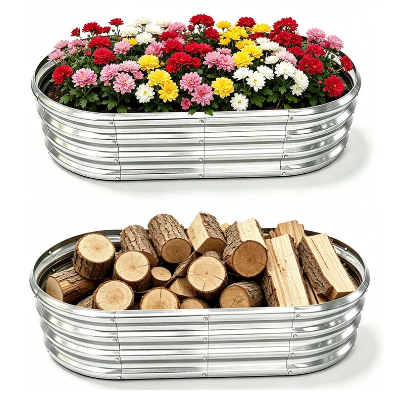 Weatherproof Oval Galvanized Metal Raised Garden Bed, Rust Resistant Corrugated Planting Box, Multi-use Outdoor Kids Sandpit Toy Storage Pool for Vegetables, Flowers & Herb Growing