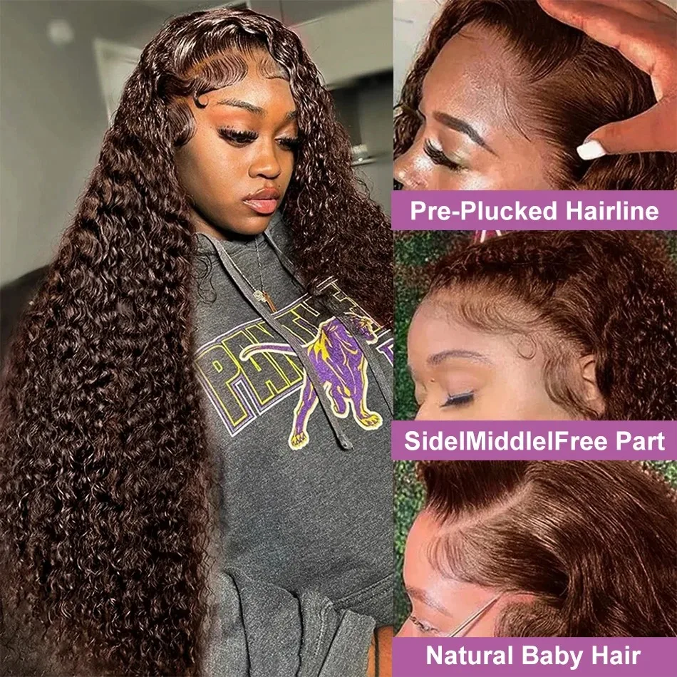 220 Density Curly Wigs Human Hair Chocolate Brown 13x5 13x7 HD Lace Frontal Wig 2# Colored Deep Wave Lace Front Wig For Women