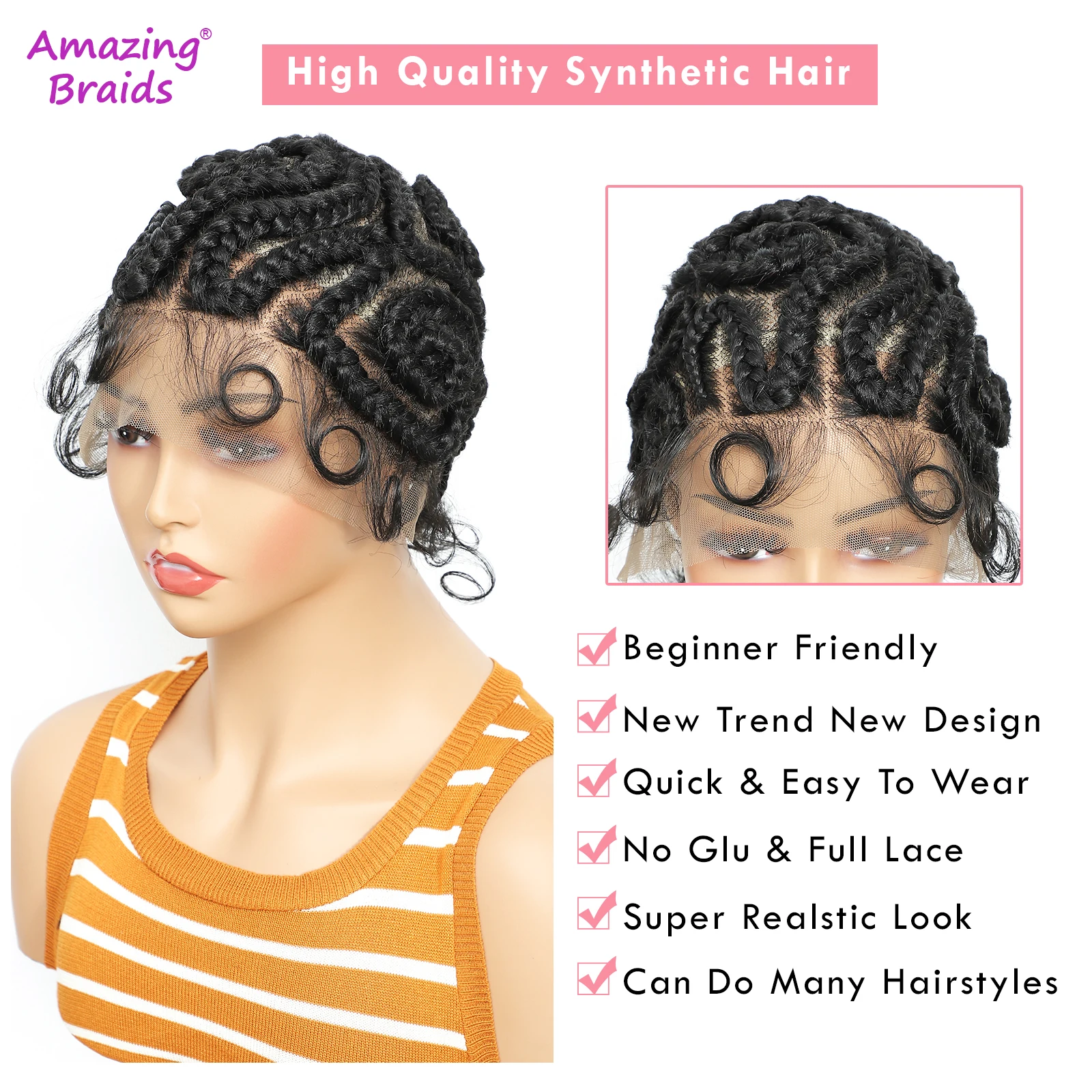8 inches Synthetic Full Lace Handmade Twist Knotless Box Braids Wigs with Baby Hair Short Lovely Braided Wigs for Black Women