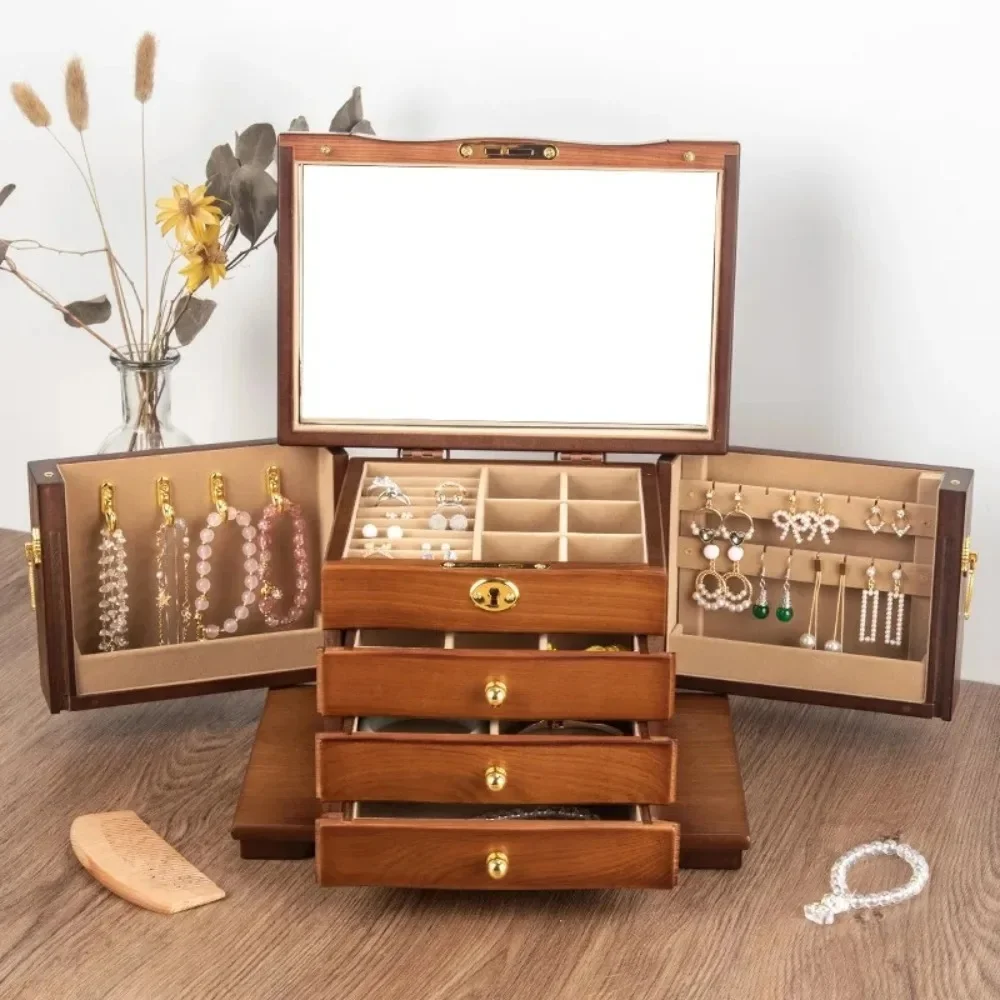 Drewniana biżuteria pudełko typu Organizer do przechowywania luksusowego wielofunkcyjna pudełka z biżuterią z zamkiem w stylu Retro szuflady opakowania ekspozycyjne — zdjęcie 2