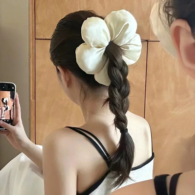 Attaches de cheveux élastiques surdimensionnées en forme de fleur de pain moelleux pour femmes, couleur unie, chouchous queue de cheval hauts pour filles, coiffure tendance