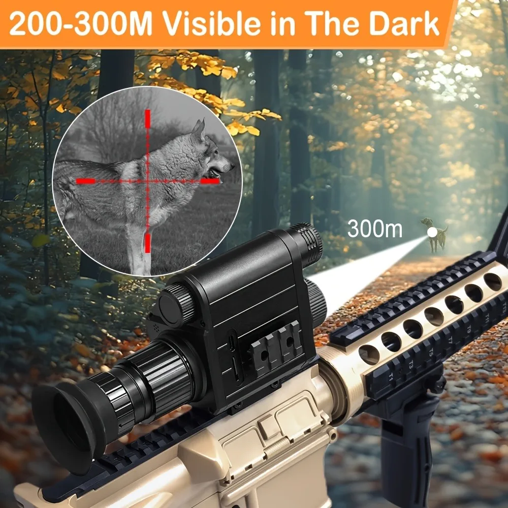 Built-in Crosshair Outdoor Night Vision Sight, 1080P Telescope with 5x Digital Magnification Equipped with Wide-Angle Lens, Visible 200-300 Meters, Aluminum Alloy Impact Resistant Rechargeable Battery Suitable for Outdoor/Fishing/Camping