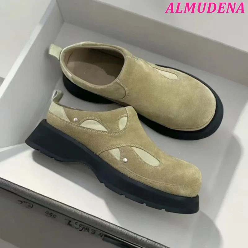 

Round Toe Women and Men Flats Shoes Suede Leather Beige Mules Big Size Causal Dress Luxury Designer Soft Derby Shoes