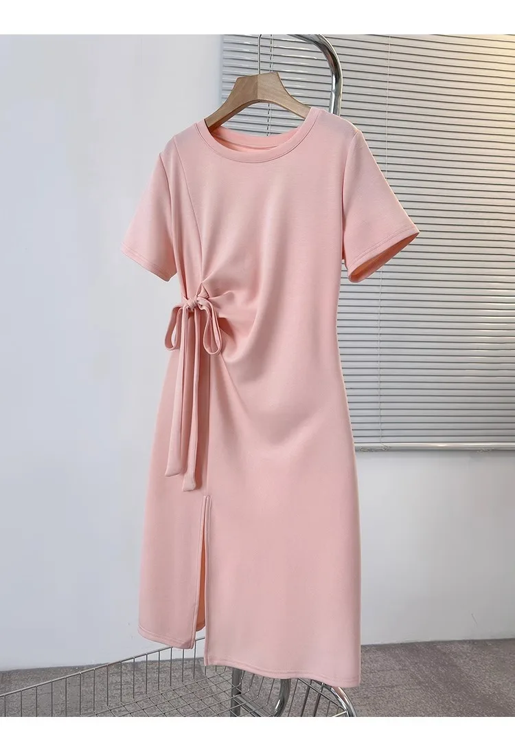 فستان بخصر من الدانتيل بتصميم رقبة دائرية للنساء في الصيف بالإضافة إلى حجم الدهون مم فستان تي شيرت أنيق على الطراز الكوري الجديد