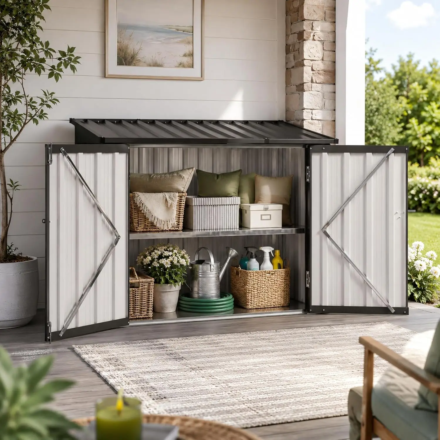Nordivale 4x2FT Outdoor Storage Cabinet 20 Cu Ft Metal Storage Shed All Weather Tool Storage Box Hydraulic Lid Lockable Doors Patio Garden Garage Black
