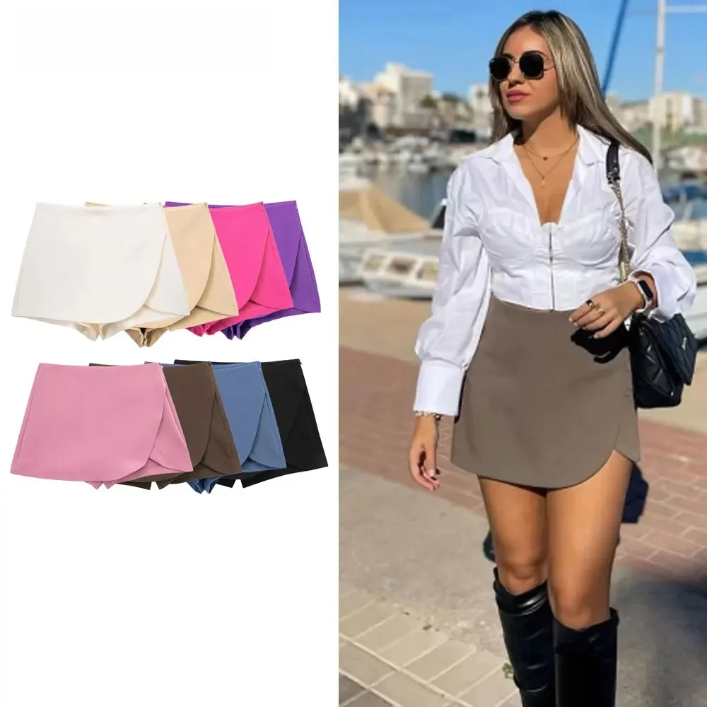 DUOPERI moda damska zwykła asymetryczna spódnica w stylu szorty kobiece eleganckie eleganckie słodkie damskie krótkie spodenki na co dzień Culottes — zdjęcie 2