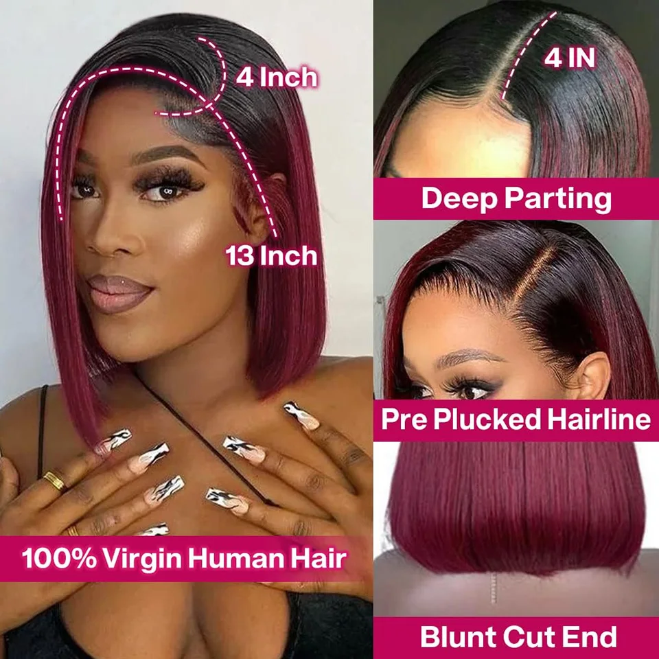 13x4 HD Transparent Lace Short Bob Straight Frontal Lace Wigs for Black Women Brazilian Remy Human Hair Pre Plucked Side Part