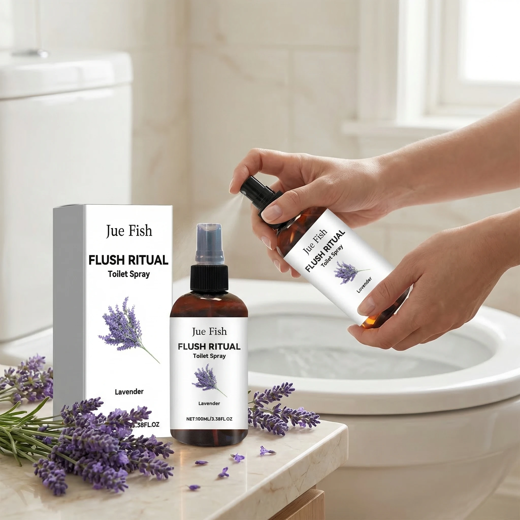 

JUE FISH 100ML Flush Ritual Toilet Spray Lavender Scent Easy Use Daily Air Freshener Cover Toilet Odors Remove Smell Refresh Air