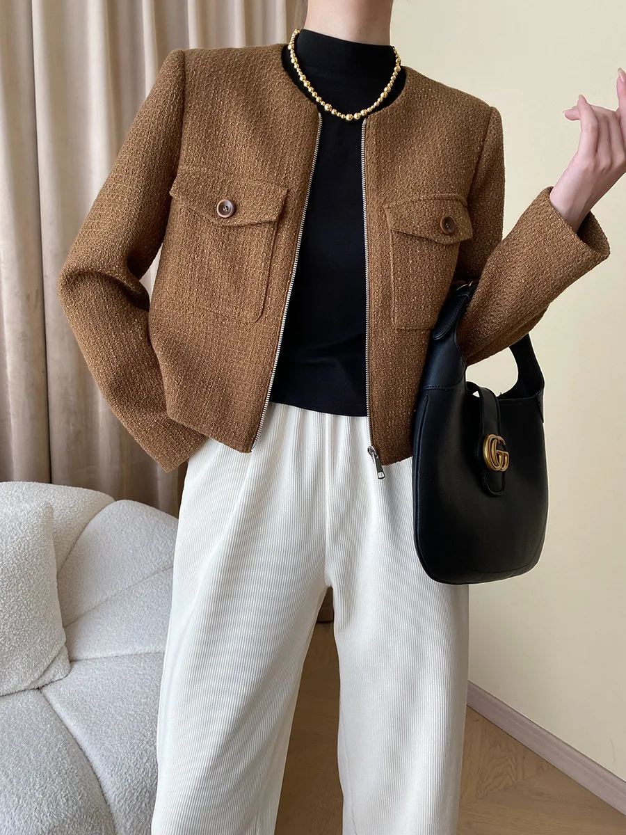 

Women's Autumn Winter Round Neck Temperament Zipper High Quality Short Fragrant Coat Jackets