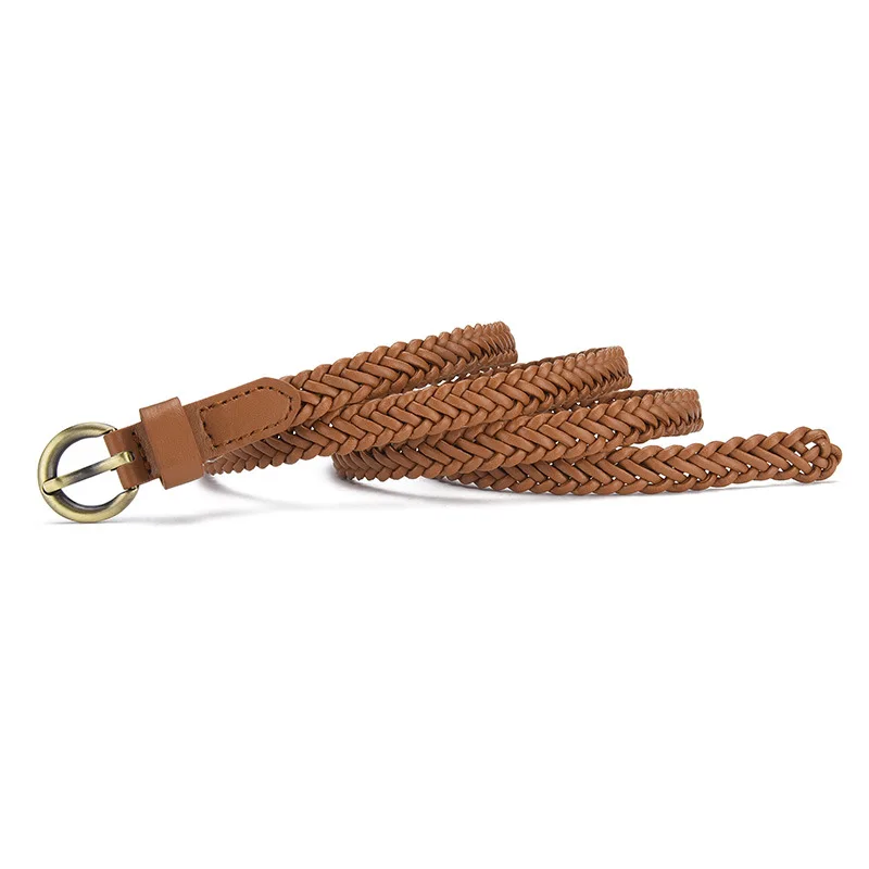 Faux Leather Woven Belt with Metal Needle Buckle Fashion Thin Waistband for Women Decorative Belt for Sweater Dress