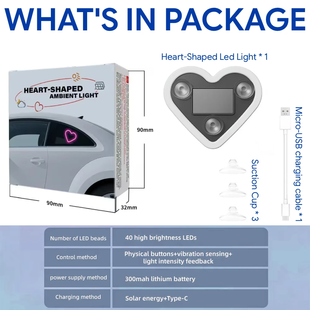 Herzförmiges LED-Licht, solarbetriebener Akzent, Umgebungs-USB-Aufladung, Valentinstag, Weihnachten, Neujahr, Geschenkidee, Auto-Innendekoration – Detail 4
