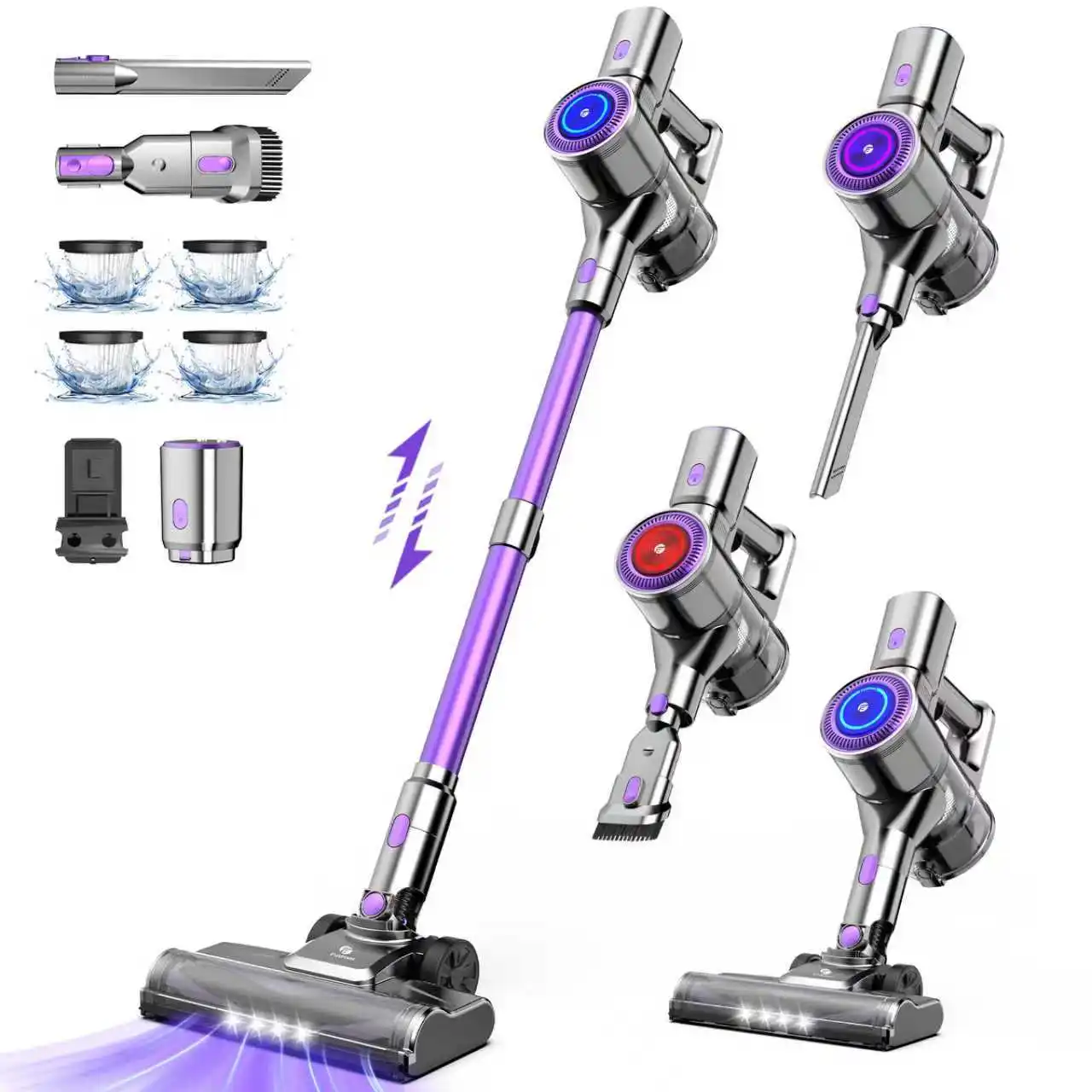 Aspirateur sans fil 60KPA/400W, aspirateur à bâton avec brosse rotative LED, 180° °   Tête rotative, 4 filtres HEPA, tuyau télescopique en métal, support mural autoportant, aspirateur à main sans fil pour poils d'animaux/tapis/sols durs/voiture