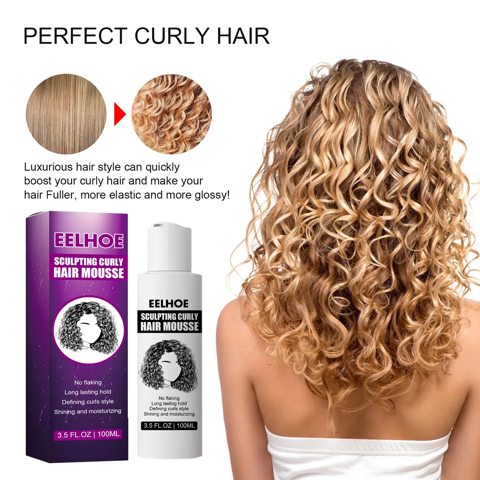 Eelhoe 110g Curly Elastin Mousse Curl Booster Defining Cream Moisturizing Styling Elastin Fluffy Repairing Curly Wavy Hair Care