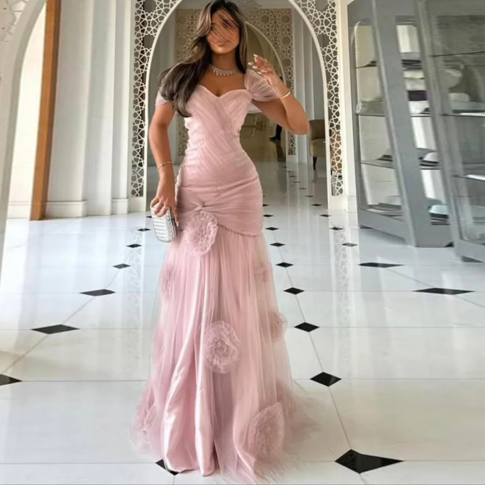 

Customized Tulle Off the Shoulder Mermaid Evening Dress Formal Sweetheart Prom Dress Fashion Short Sleeves Flowers Party Dress