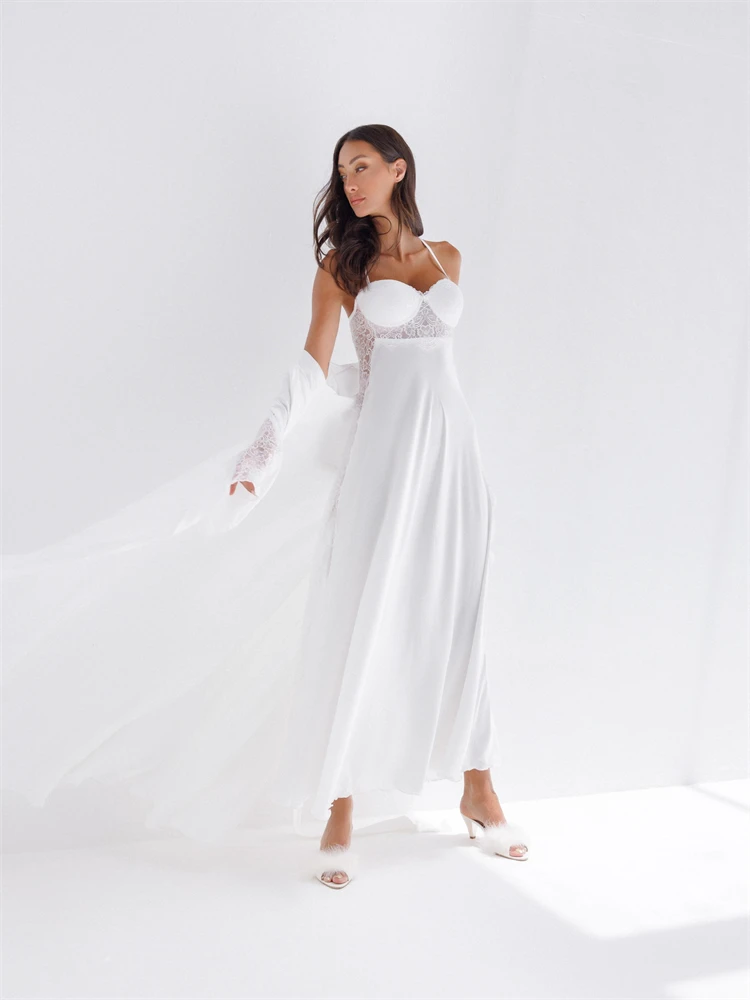 Sexy zweiteilige Spaghetti träger Spitze Braut Robe für Hochzeit lange Ärmel weichen Satin Braut dusche Kleid Frauen Nacht Gwon