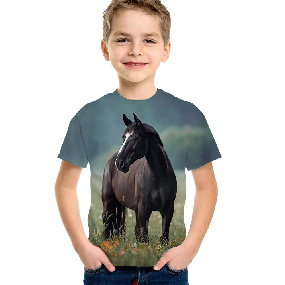 2024 Kids Clothes Horse Graphic T Shirts Children\'s T-Shirt Girl Short Sleeve Children\'s Clothing Boys Casual Baby Boy Clothes