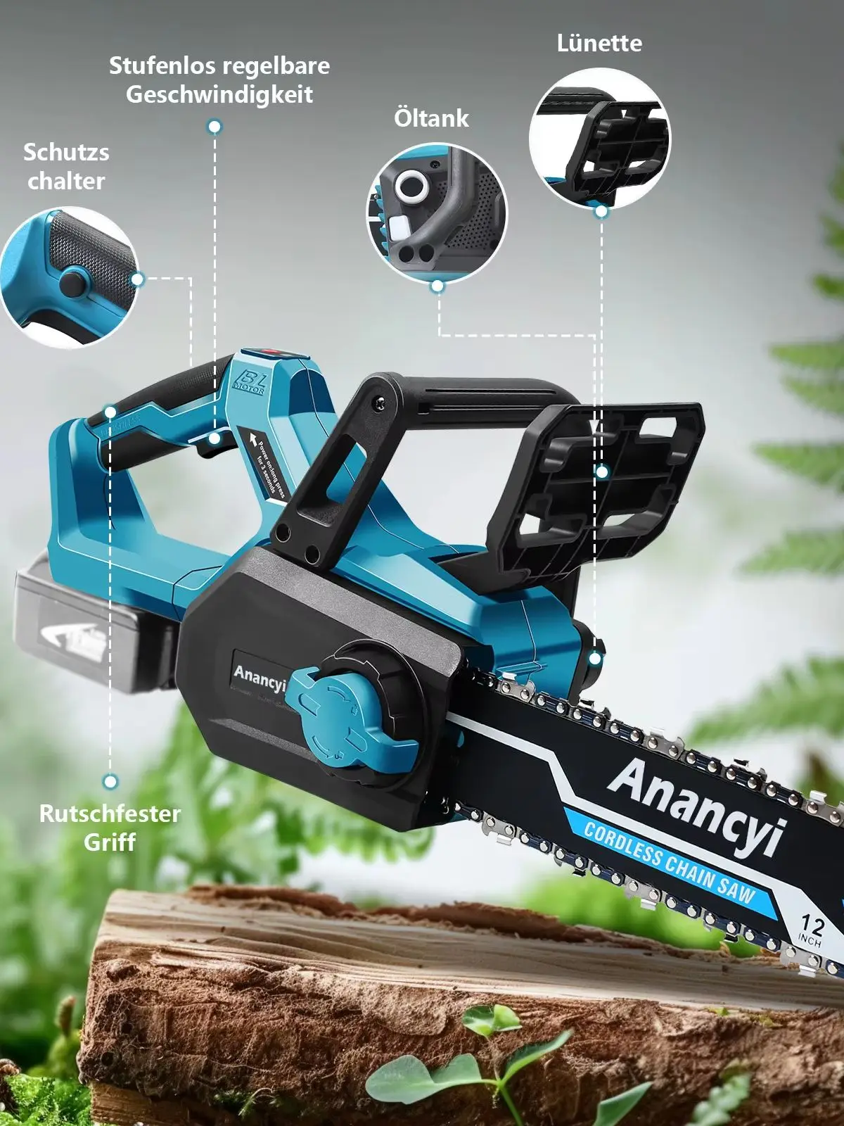 Anancyi 12 Zoll Akku-Kettensäge, kompatibel mit Makita 18V Bl-Serie Batterien (Bl1860B, Bl1850B, Bl1840B, Bl1830B, Bl1820B), Batterie nicht enthalten, tragbare elektrische Kettensäge zum
